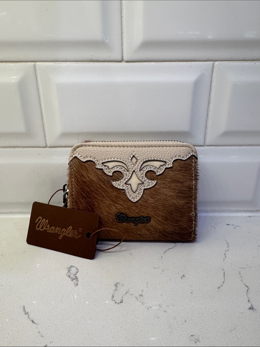 Wrangler Brown and Cream Hair-On Leather Zip Wallet